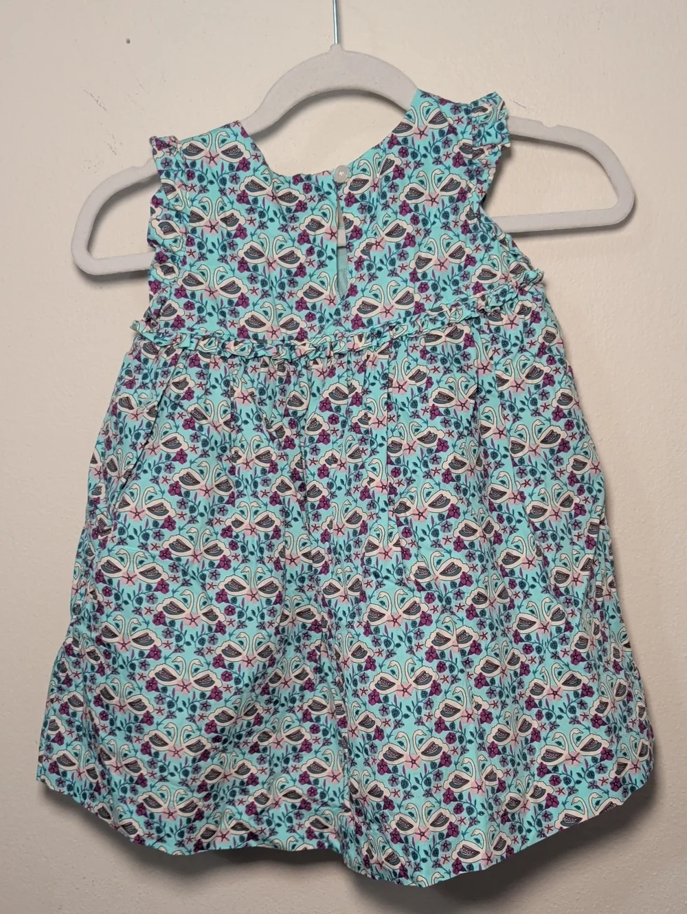 Tea Collection Floral Swans Babydoll Dress Aqua Purple Flutter Sleeve 12-18M